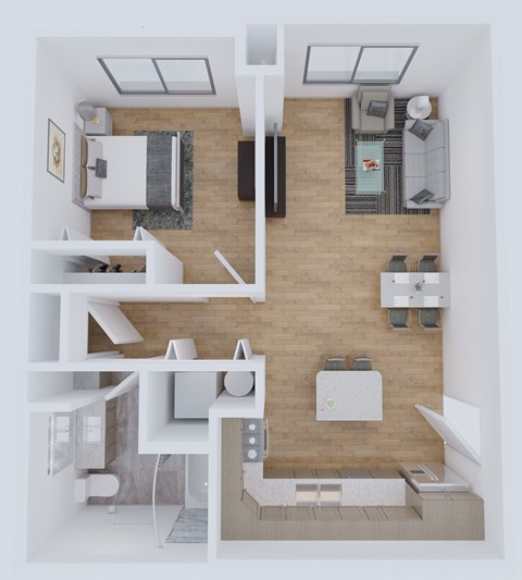 Floor plan for 1 bed, 1 bath, 649 sqft